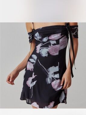 Black Floral Off-Shoulder Mini Dress with Pink Rose Print